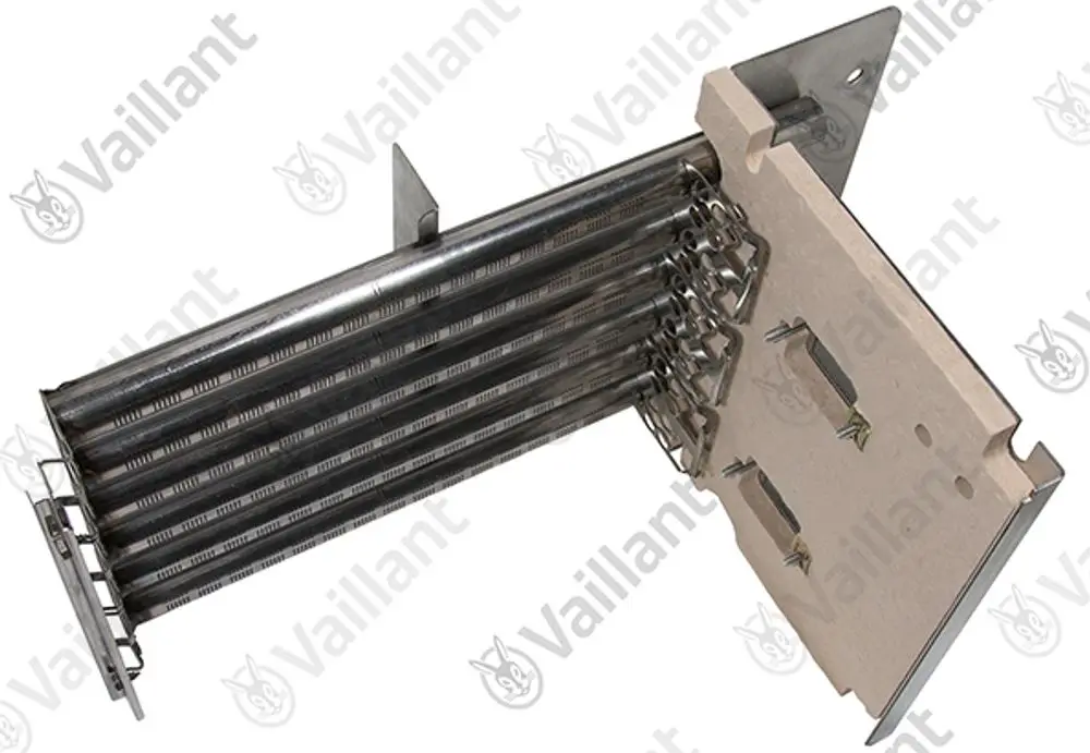Vaillant Brenner mit sechs Rohren, montiert auf einer Trägerplatte. Das Produkt ist für Heizungsanwendungen konzipiert.